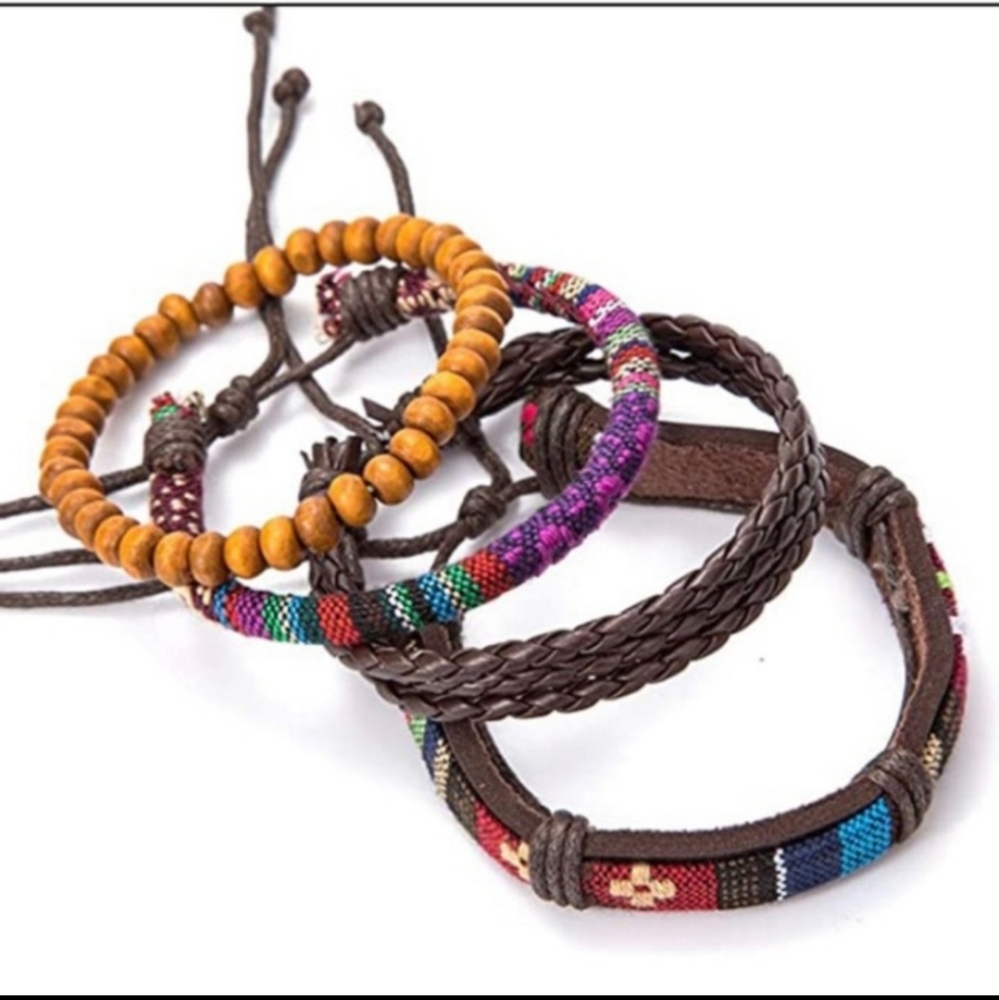 4 Piece Bohemian Beaded Leather Aztec Print Bracelet